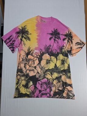 VINTAGE 90s Jacques Moret All Over Print Tee - Neon Tropical Sunset AOP - XLARGE